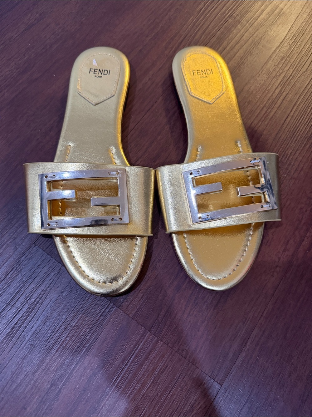 Fendi Metallic Gold Leather Logo Buckle Slide Sandals